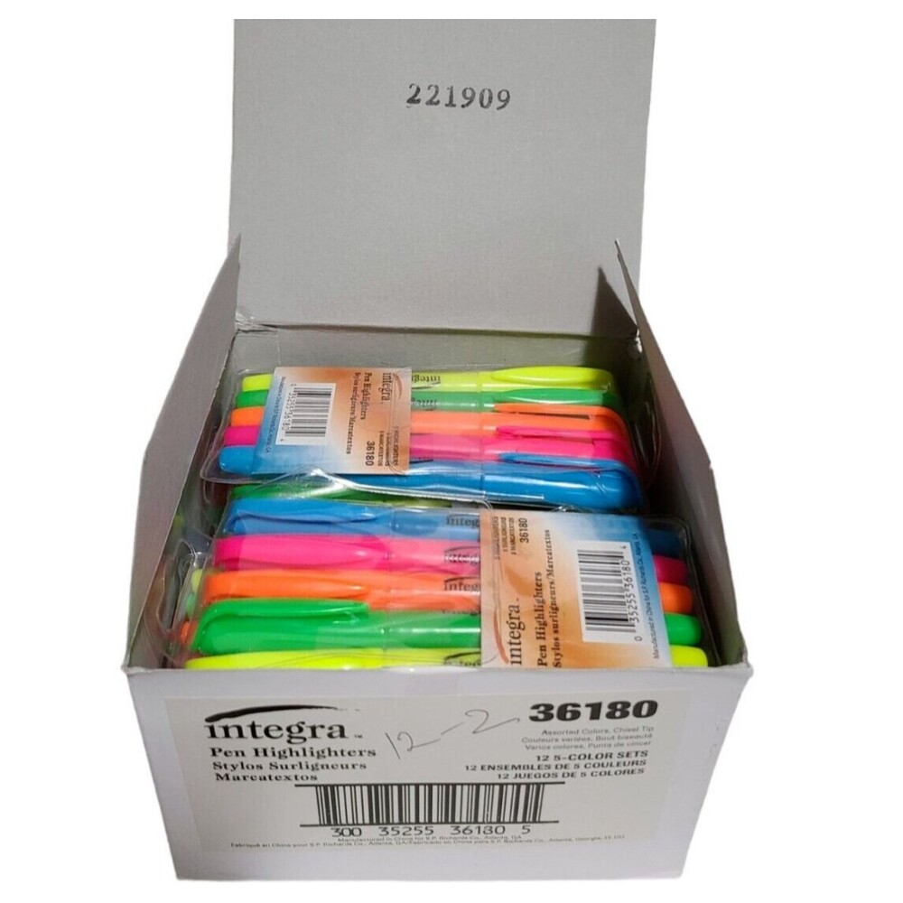 60 Fluorescent Highlighters - 12 sets Chisel Point Integra Pen Style Markers
